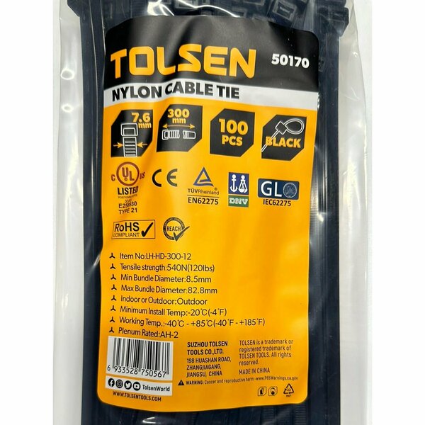 Tolsen 12  Black Cable Tie UV Rated Nylon, 100PK 50170